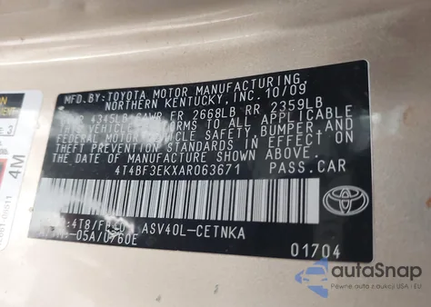 2010 Toyota Camry Le из США, поврежденный, VIN 4T4BF3EKXAR063671